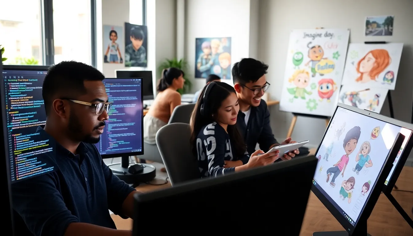 a diverse team of game developers collaborating in a modern studio.