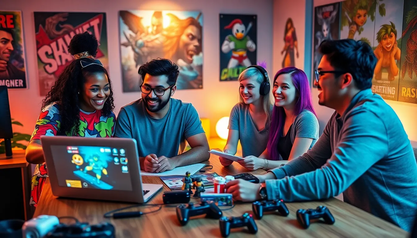 a diverse gaming team collaborating in a cozy modern studio.