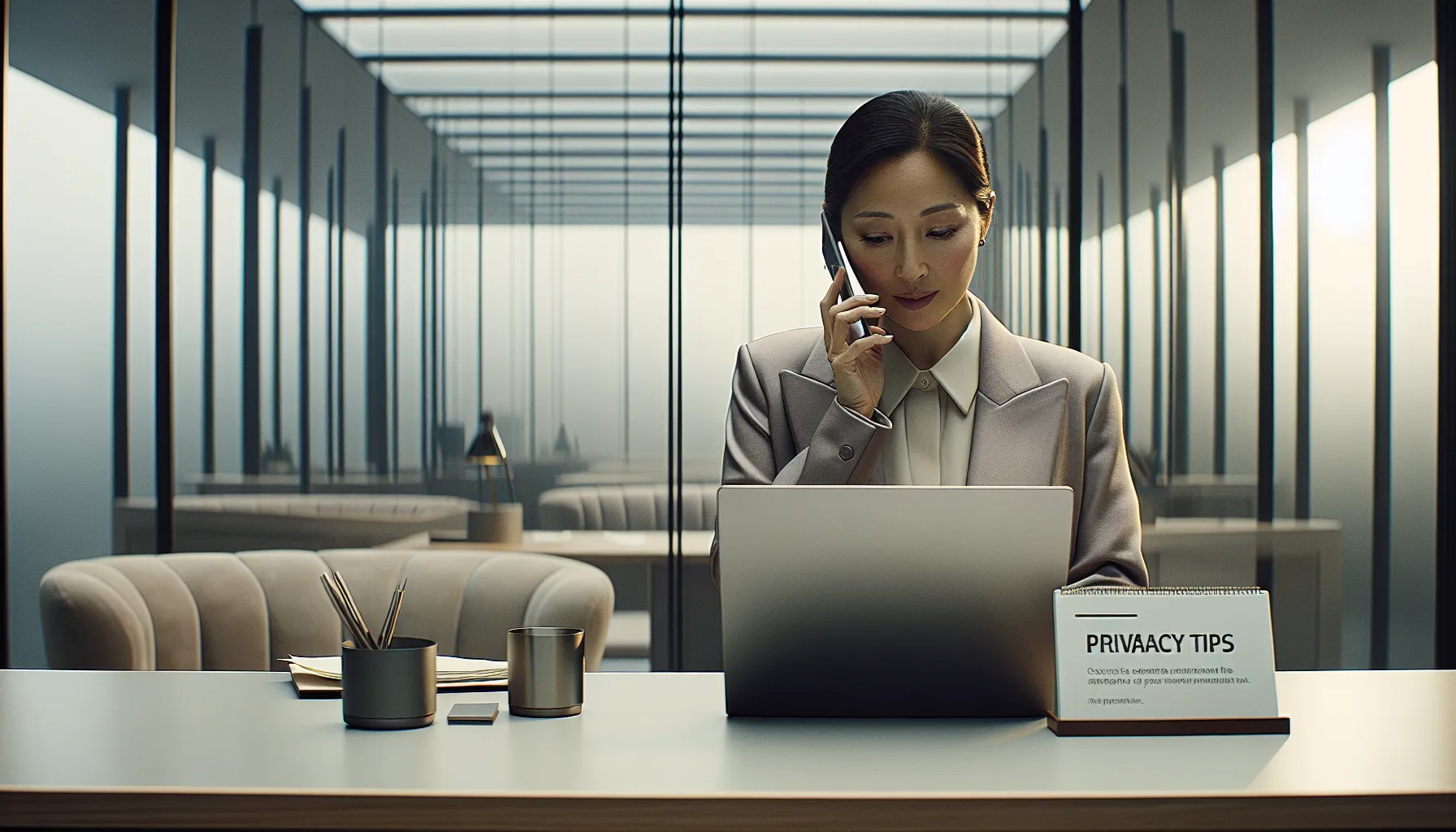 businesswoman reviewing privacy tips in a modern office.