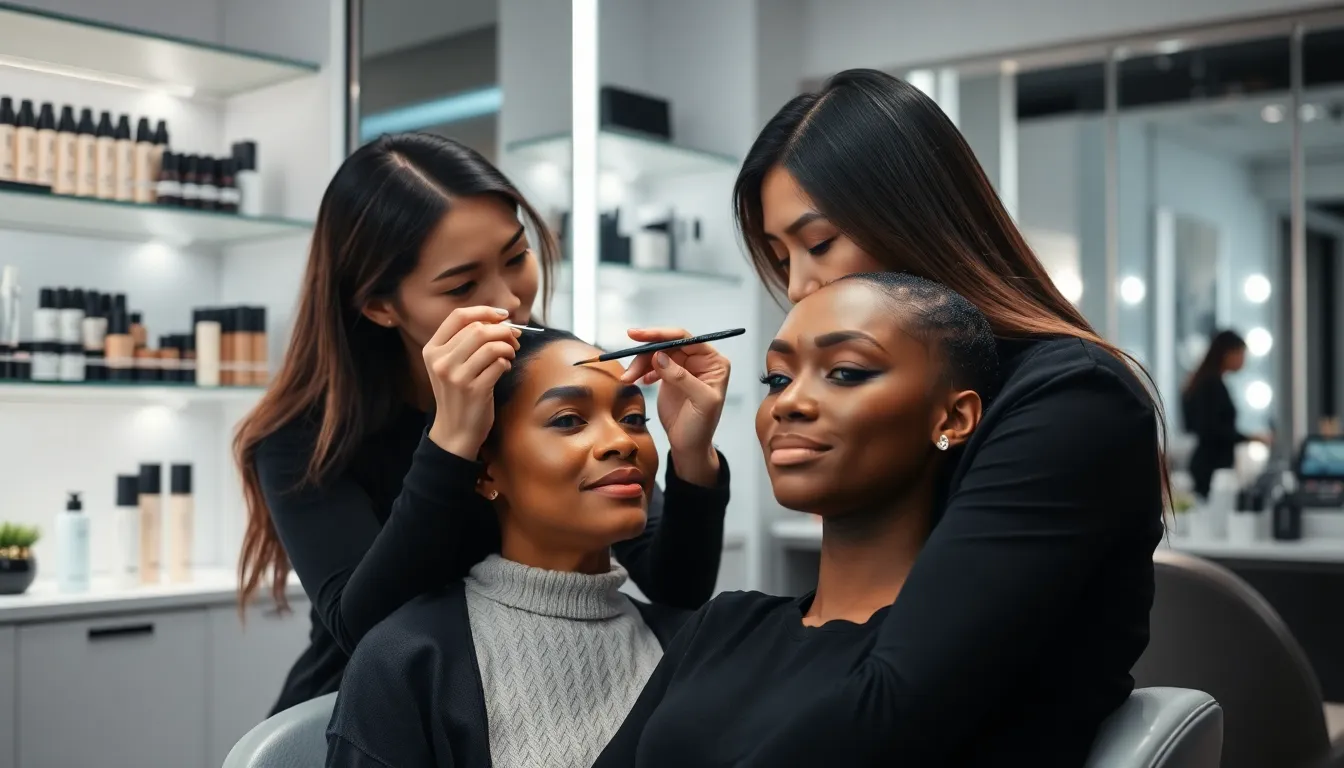makeup artist grooming a client's eyebrows in a modern beauty studio.