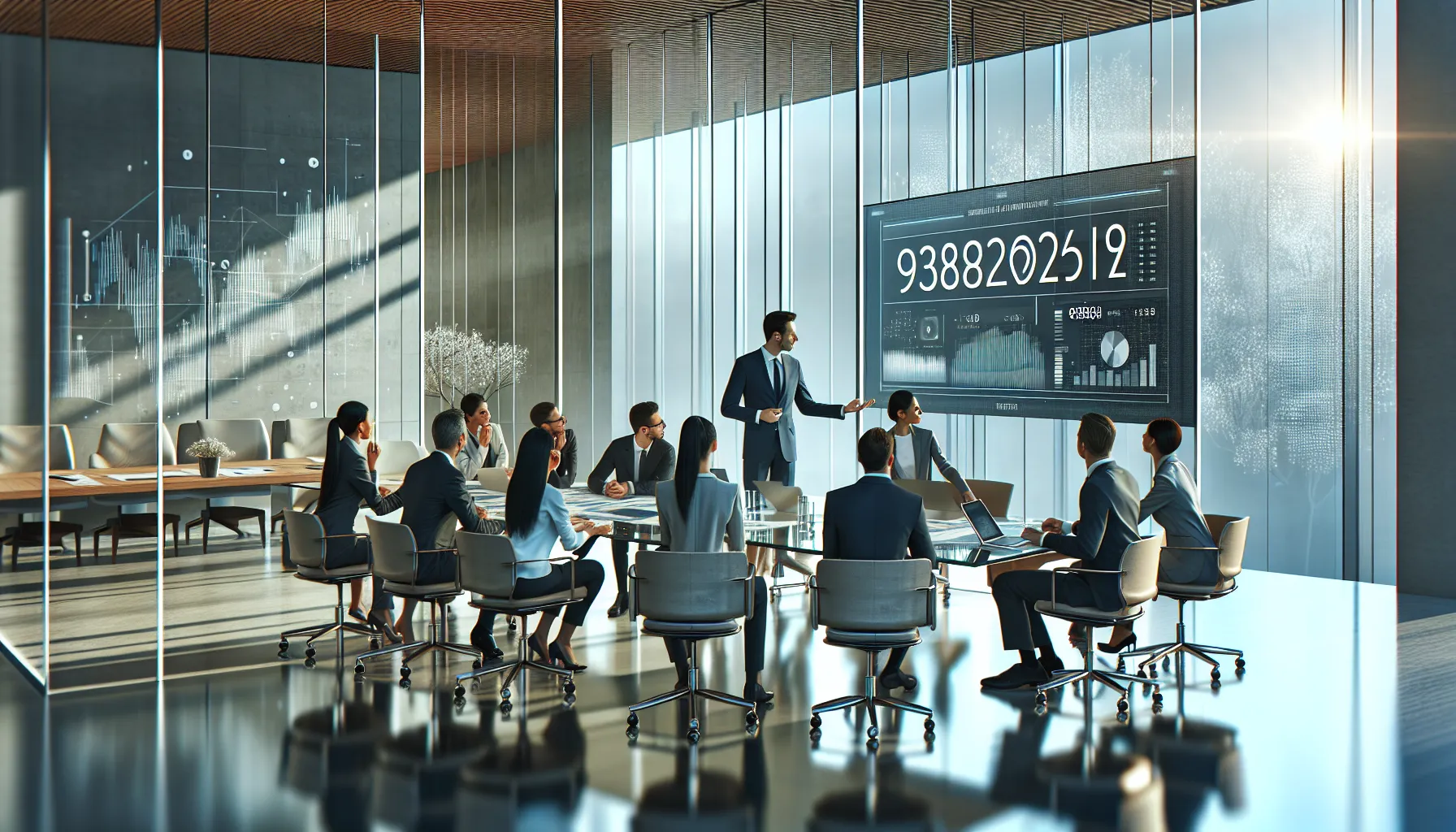 professionals discussing financial data in a modern office.