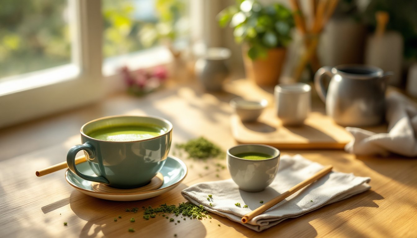 A cup of frothy green matcha tea on a sunlit kitchen counter.