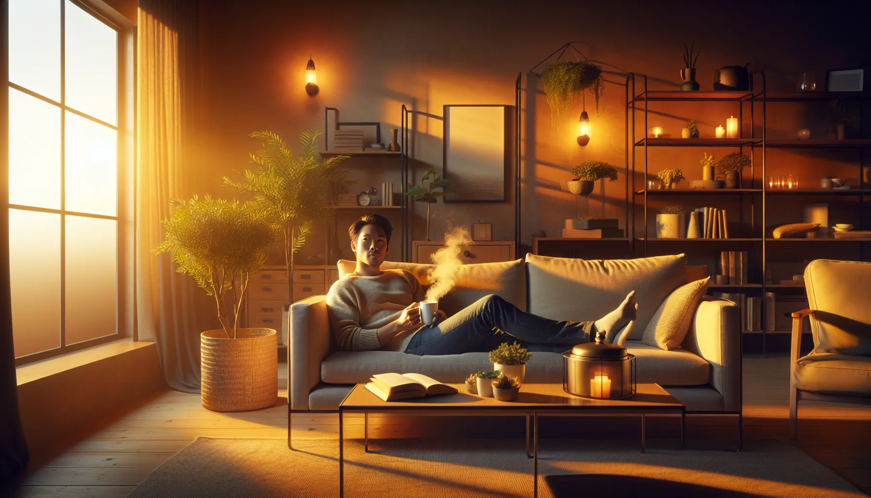 A person relaxing on a couch in a cozy living room at sunset.