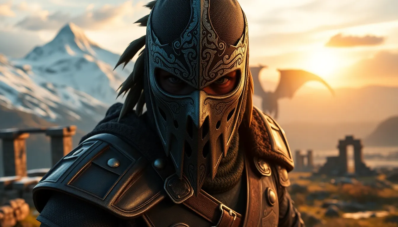 Nord warrior in Skyrim wearing a detailed face mask in a fantasy landscape.