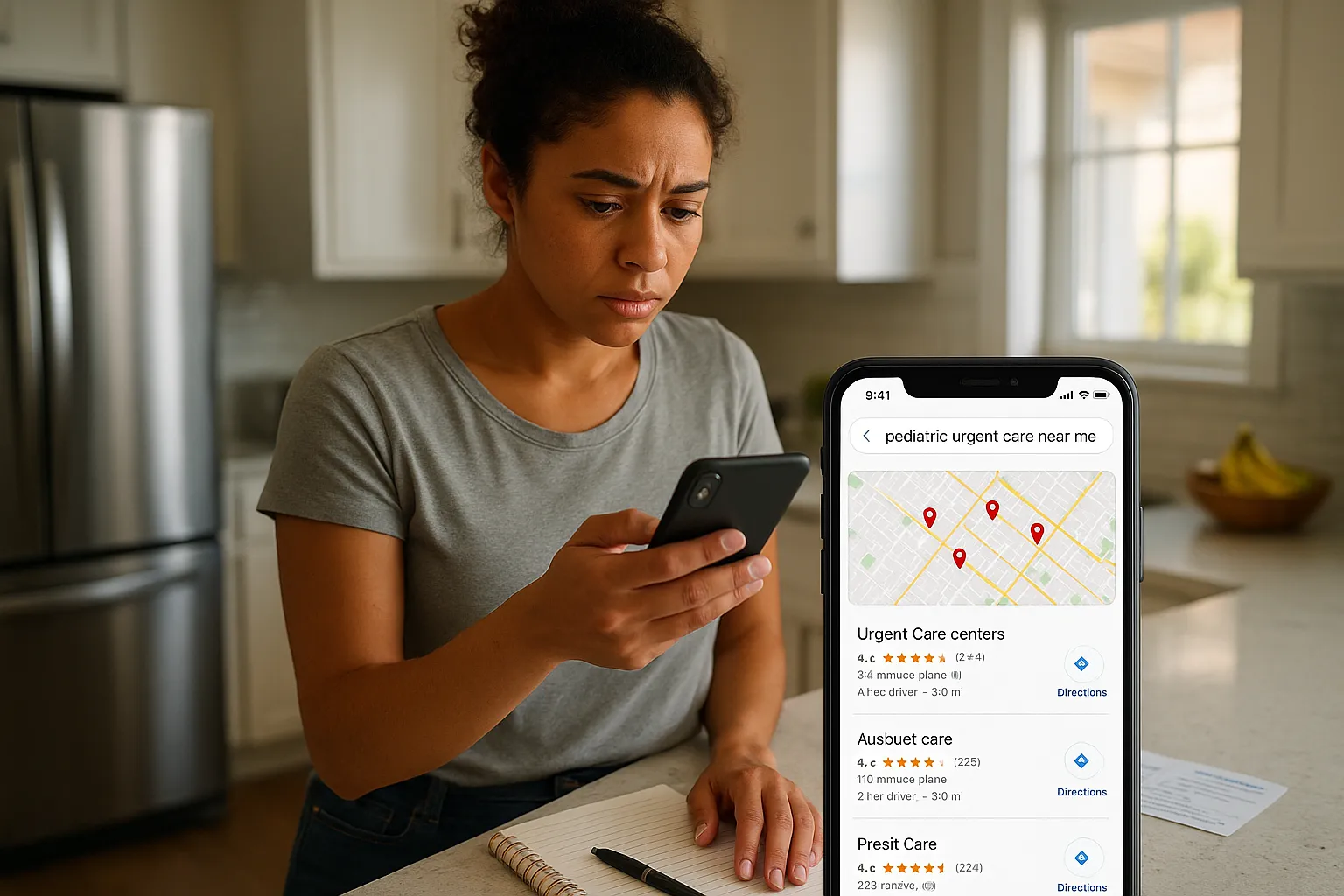 Young woman in a kitchen searching for urgent care near her on a smartphone.