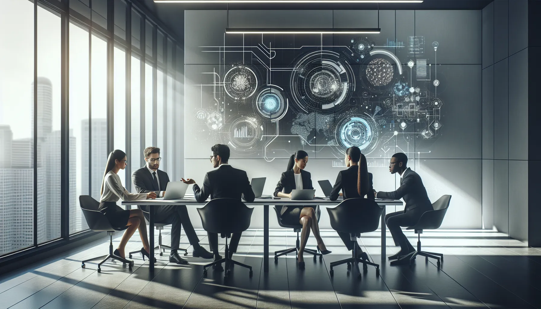 diverse team collaborating with digital data visuals in a modern workspace.