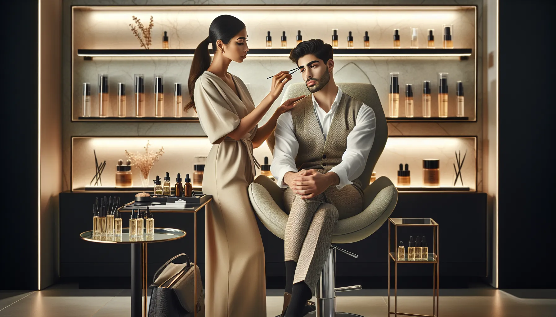 beautician shaping eyebrows in a modern salon setting.