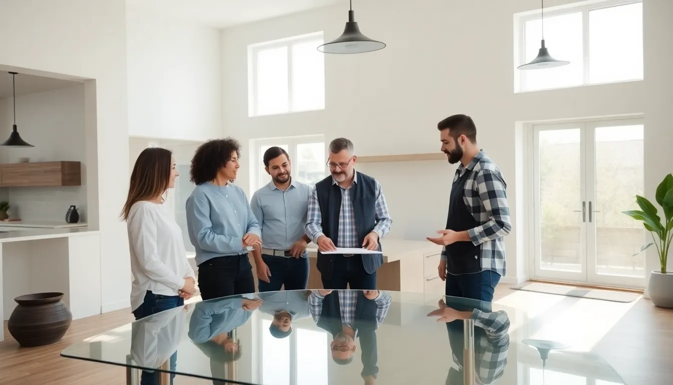 diverse professionals discussing home renovation in a modern setting.