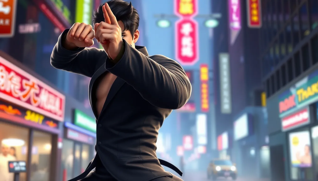 Lee Chaolan from Tekken 8 in a stylish urban setting.
