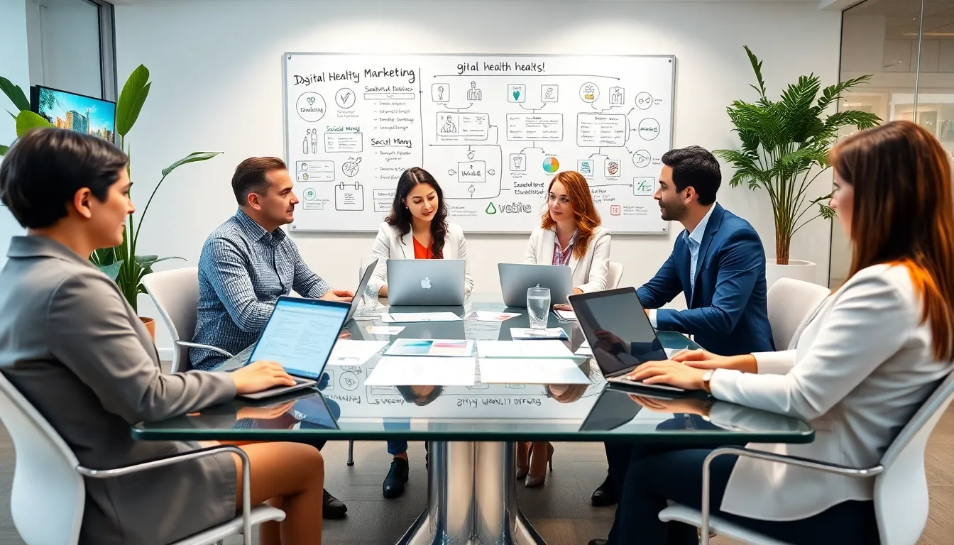 diverse team in a modern office discussing digital health marketing strategies.
