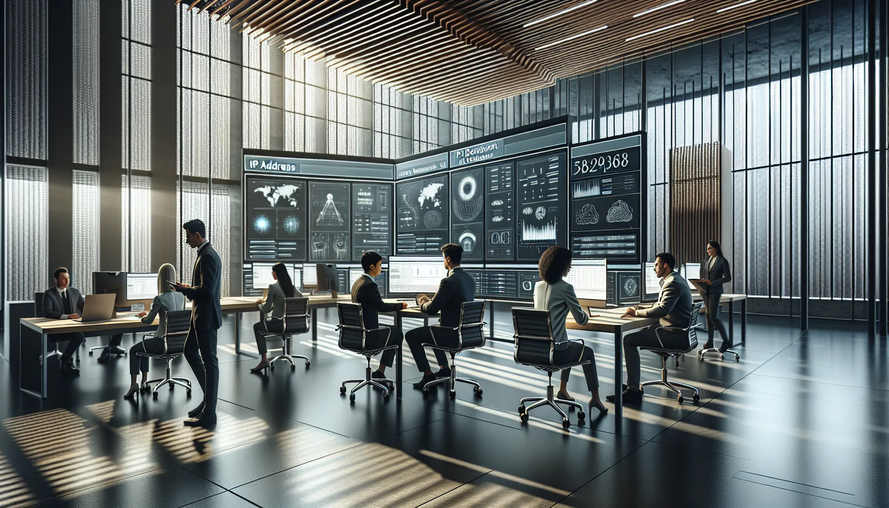 diverse IT team monitoring IP address statistics in a modern office.