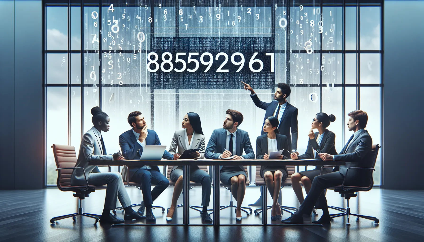 diverse professionals discussing a significant number in a modern office.