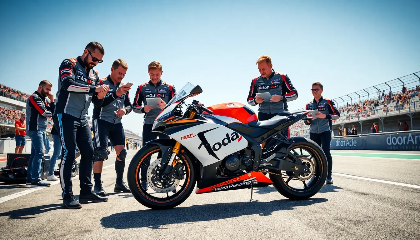 IodaRacing team at a motorcycle racing event with diverse members.