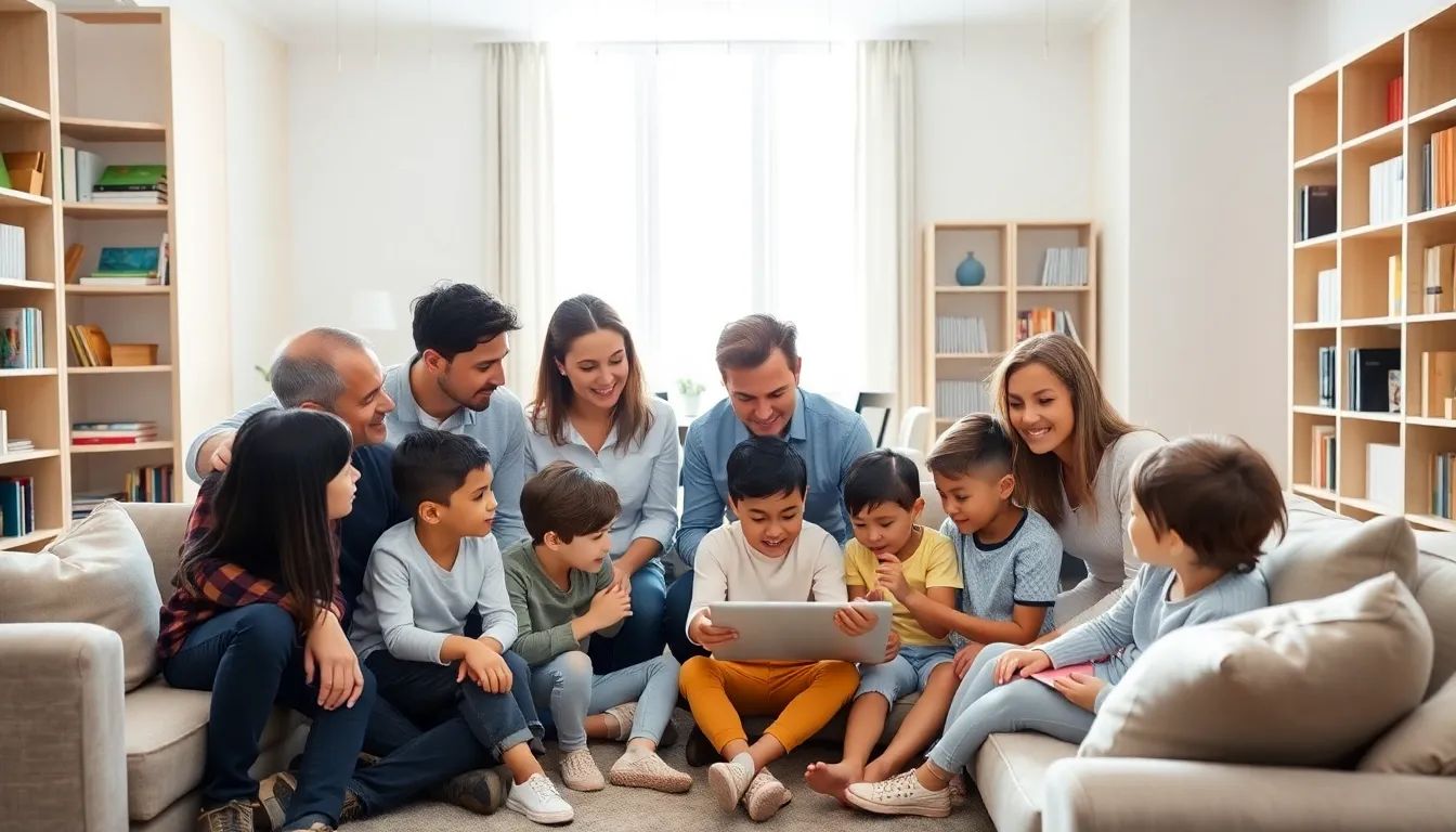 Parents supervising their children during a learning activity in a cozy family room.