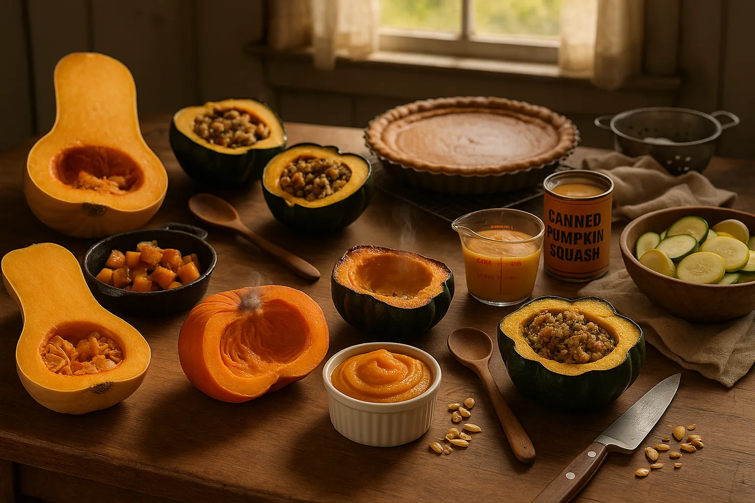 Various pumpkins and squashes displayed with roasted, pureed, and sliced preparations.