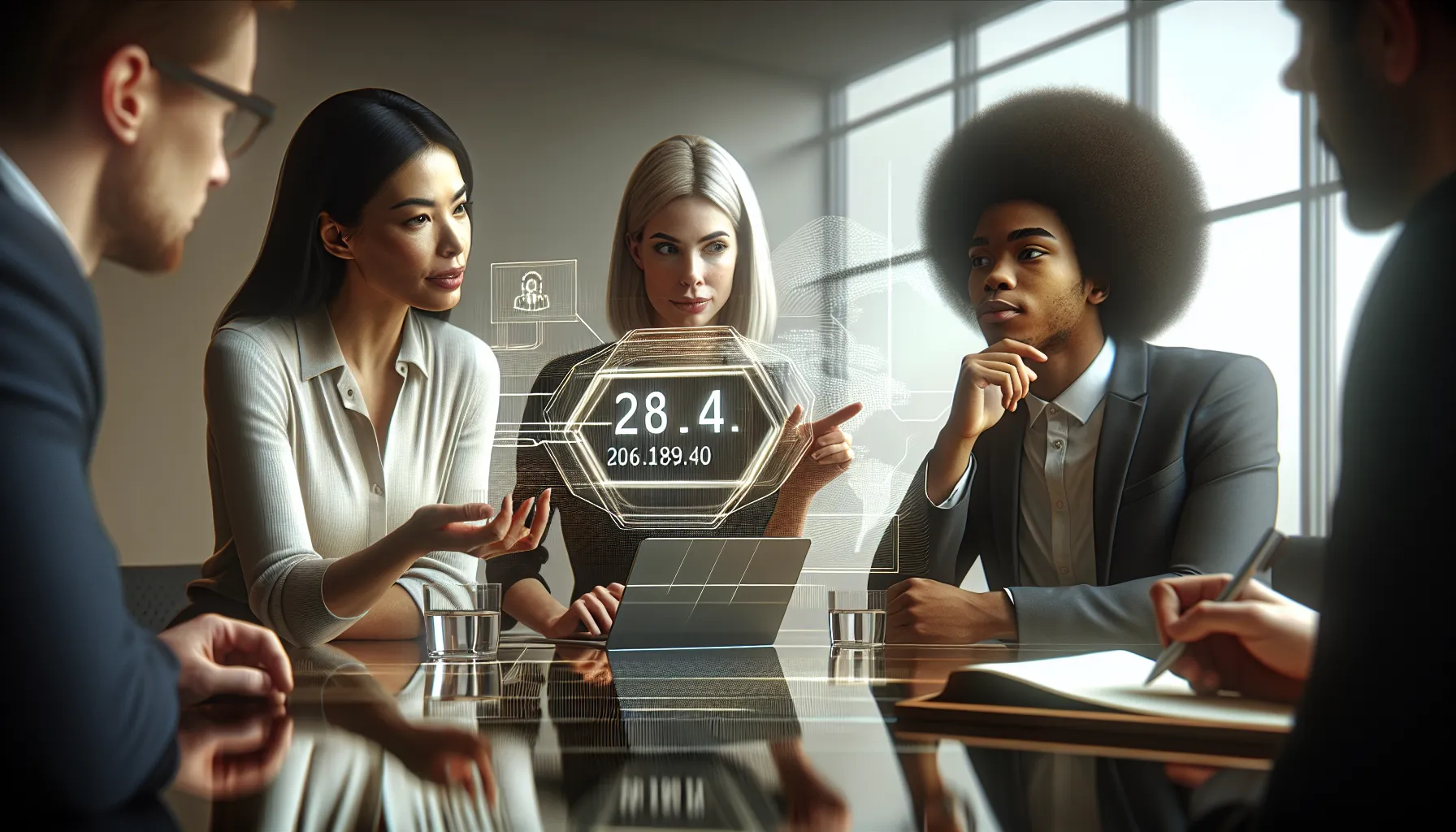 diverse team discussing IP addresses in a modern office.