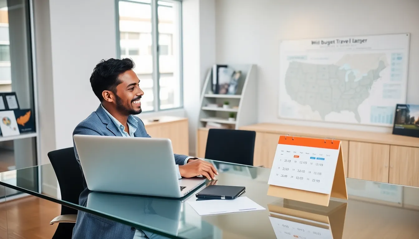 travel planner analyzing budget options at a modern office desk.