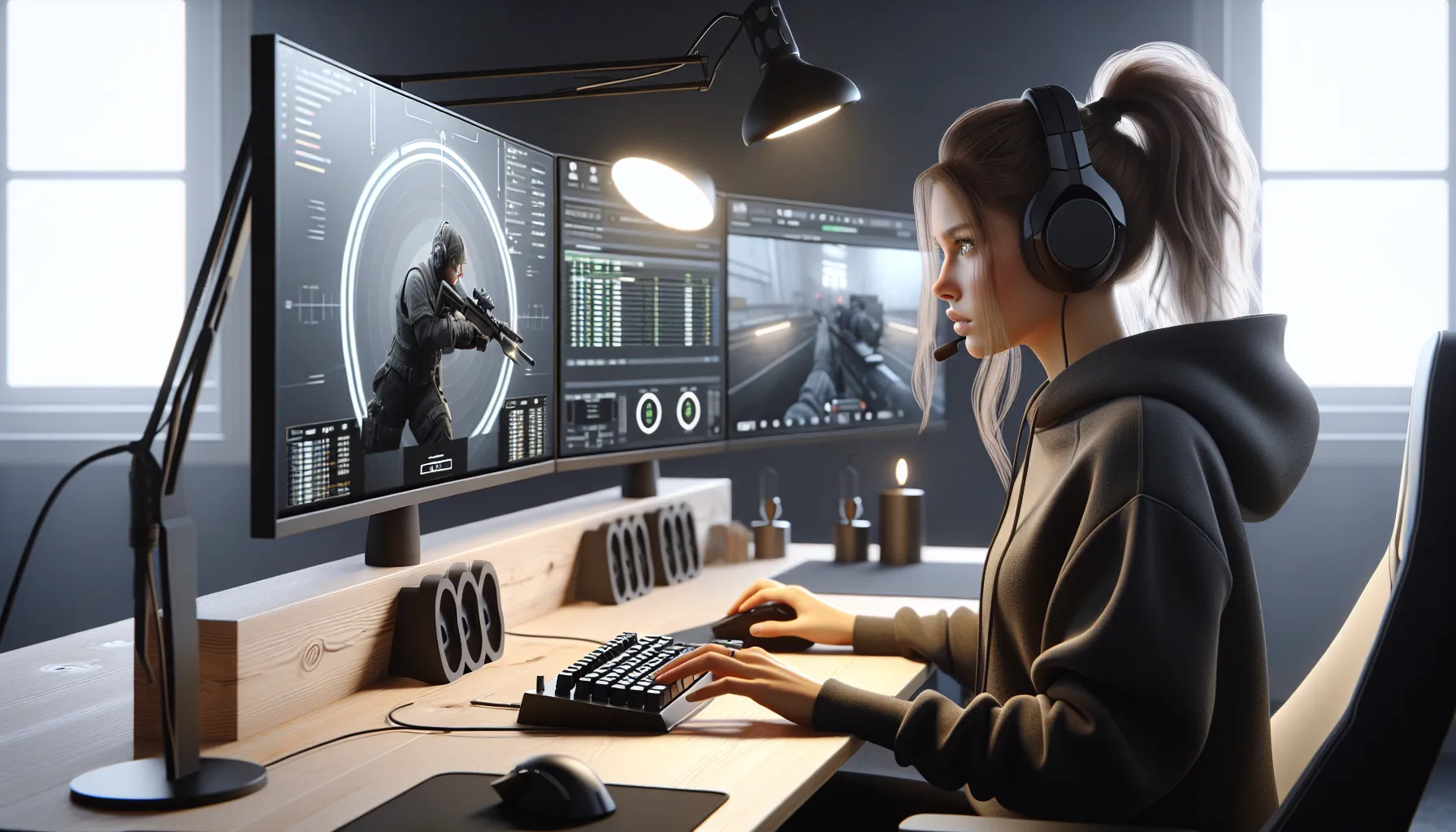 Norwegian gamer studies fps feedback on multi-monitor setup during evening practice.