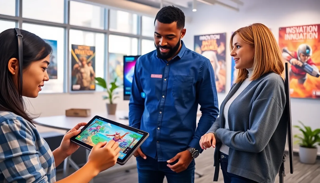 diverse team collaborating on game design in a modern office.
