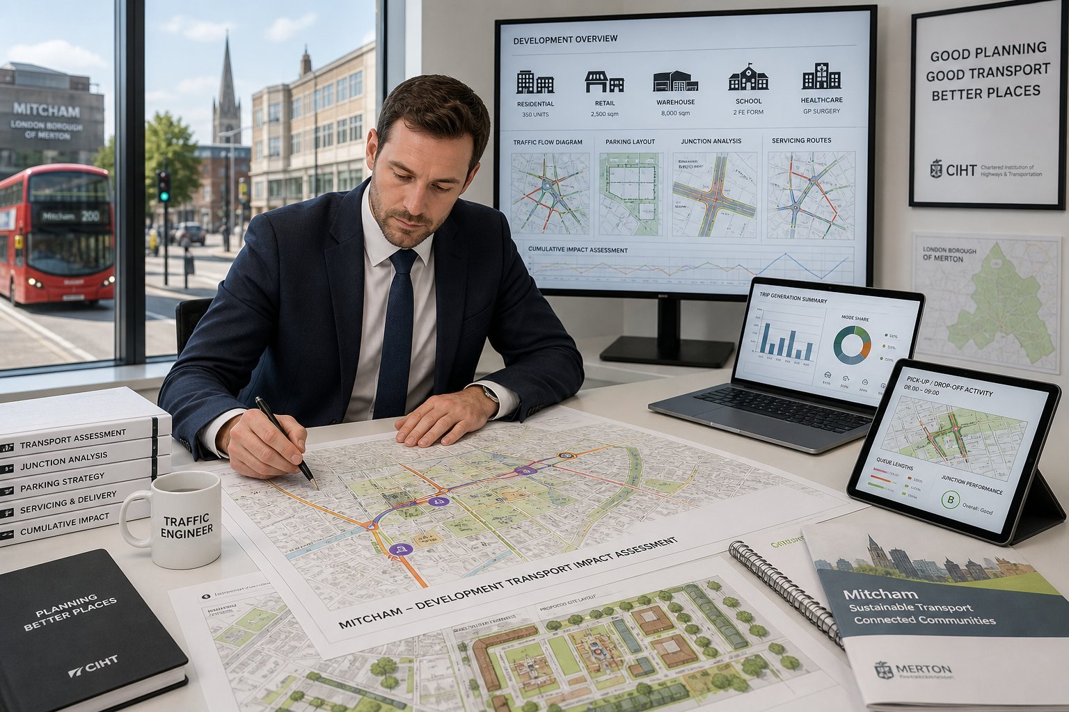 Traffic engineer reviewing development transport plans in a modern UK office.