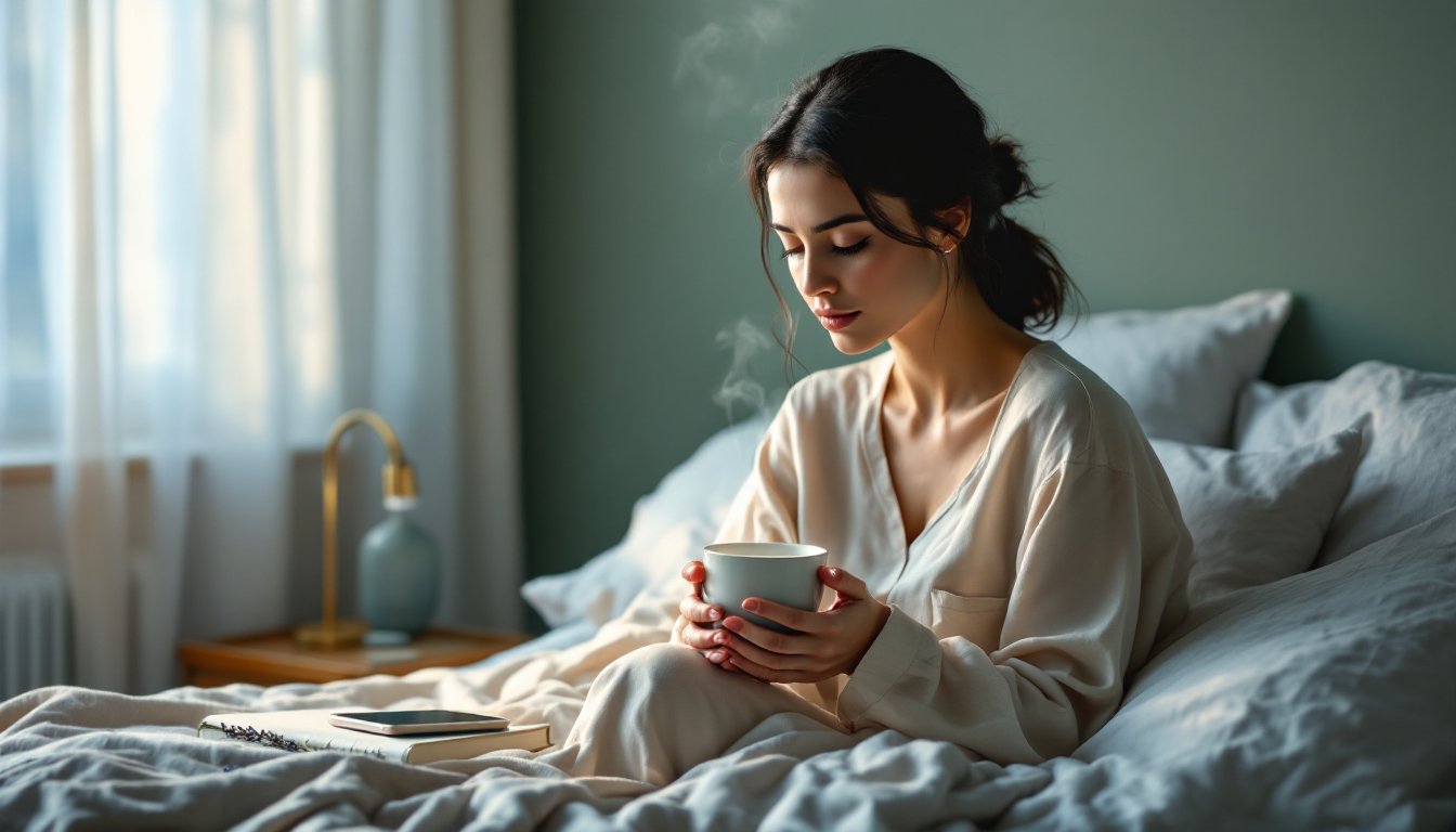 A woman sipping warm milk on her bed at night with phone set aside.