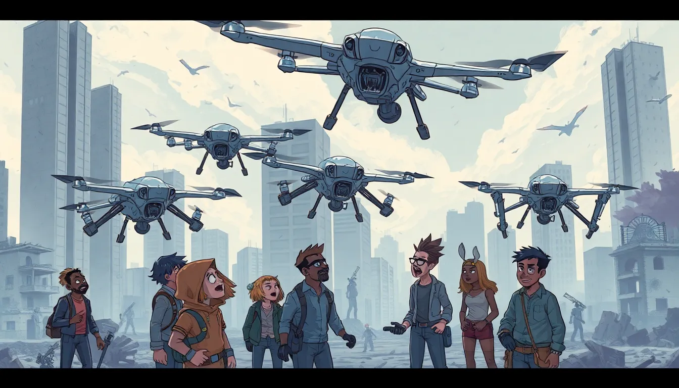 post-apocalyptic scene with drones and diverse characters.