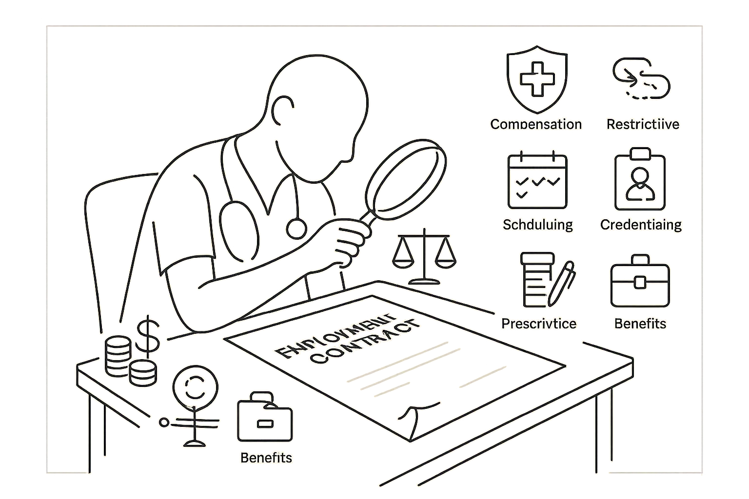 Nurse practitioner examining a contract with icons for pay, insurance, and covenants.