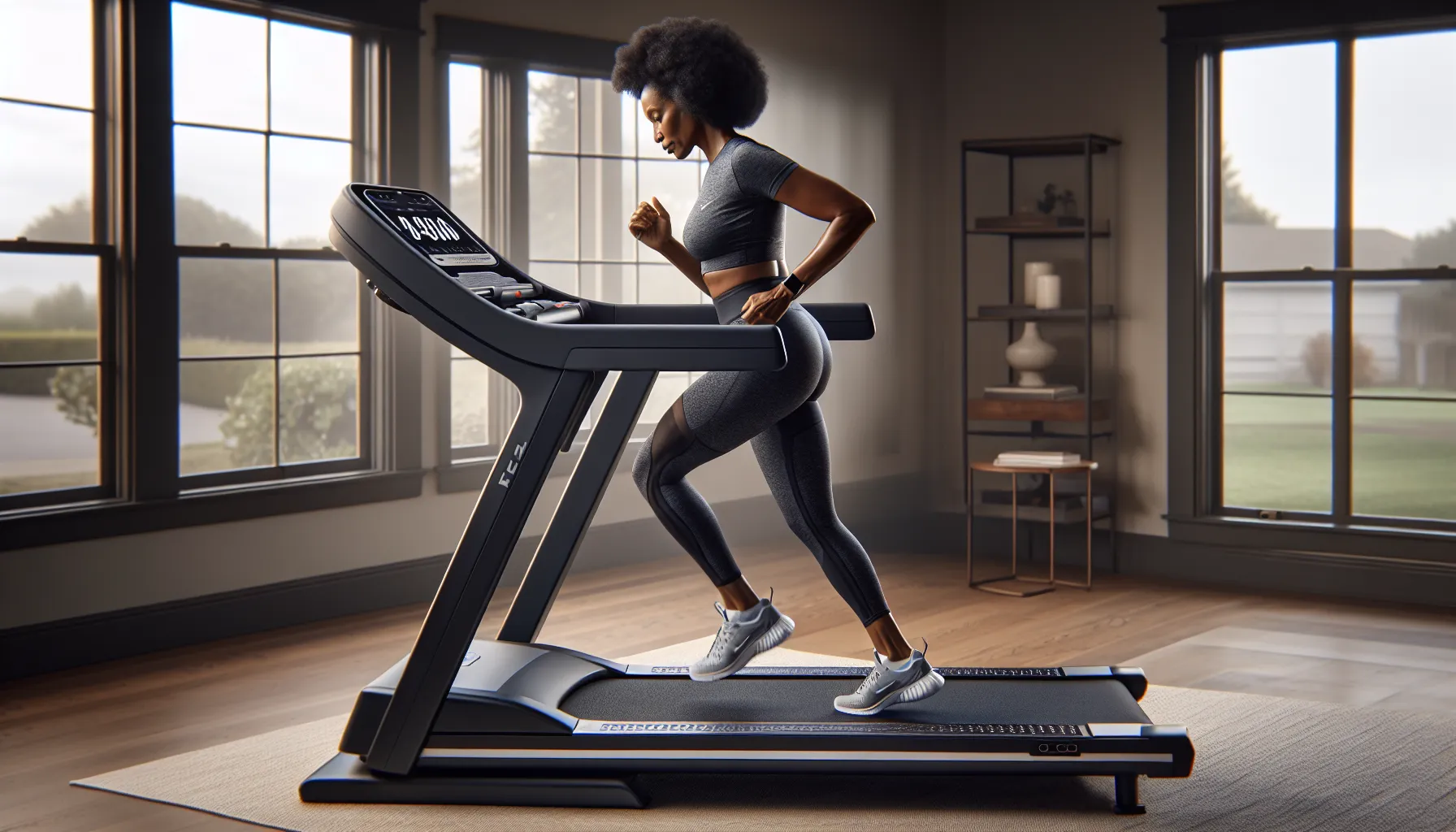 Older woman walking on cushioned treadmill in a sunlit U.S. living room.