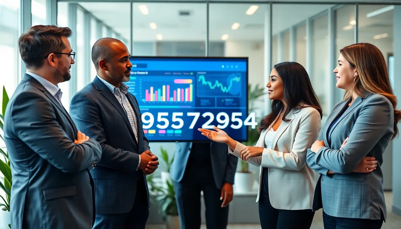 diverse team discussing data insights around a digital interface.