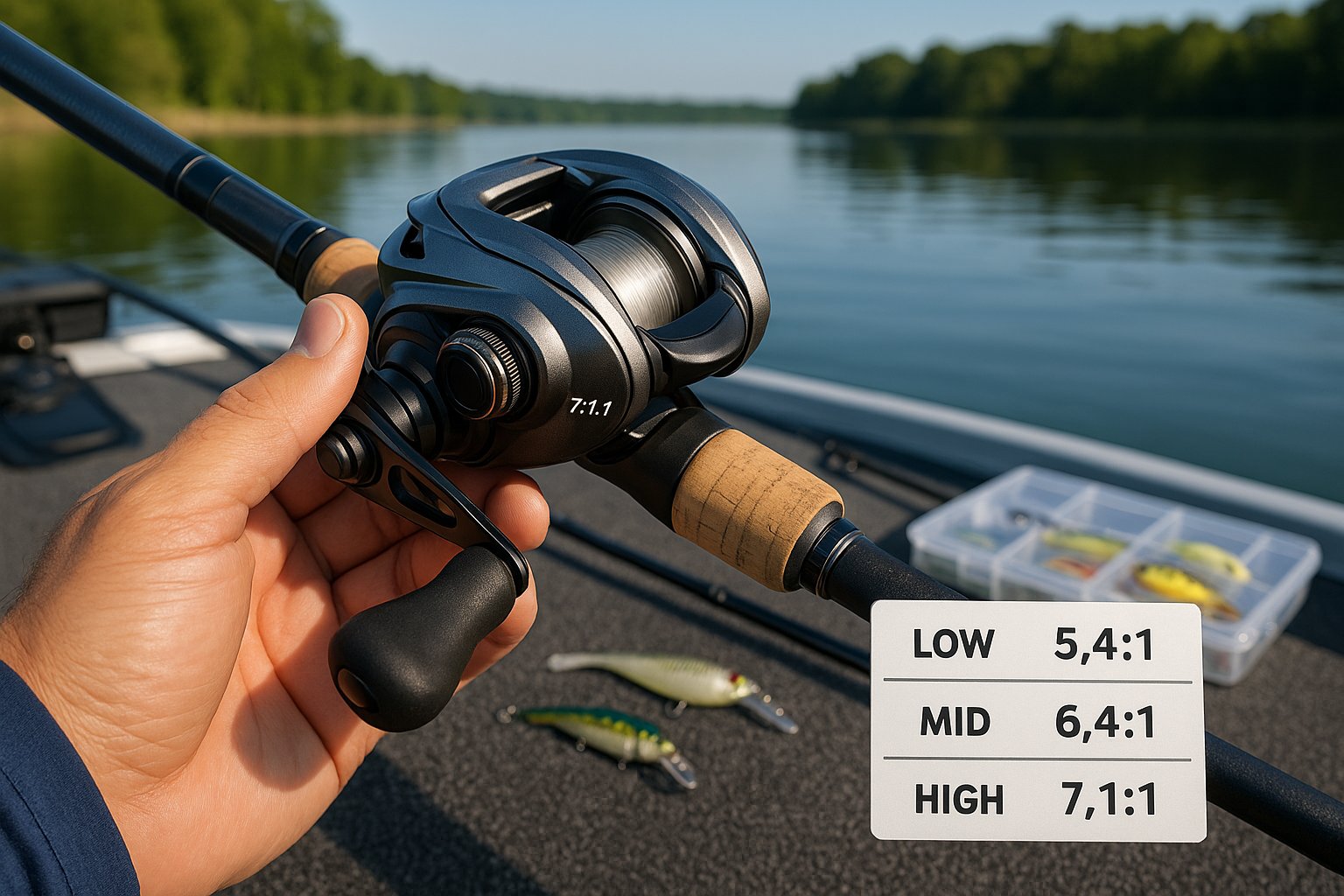 Close-up of a baitcasting fishing reel on a bass boat deck.
