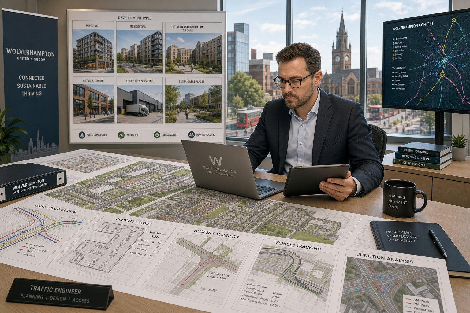 Traffic engineer reviewing development transport plans in a modern Wolverhampton office.