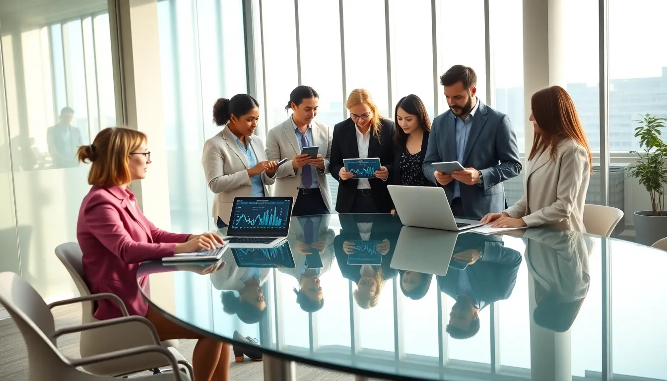 diverse professionals collaborating on performance optimization in a modern office.