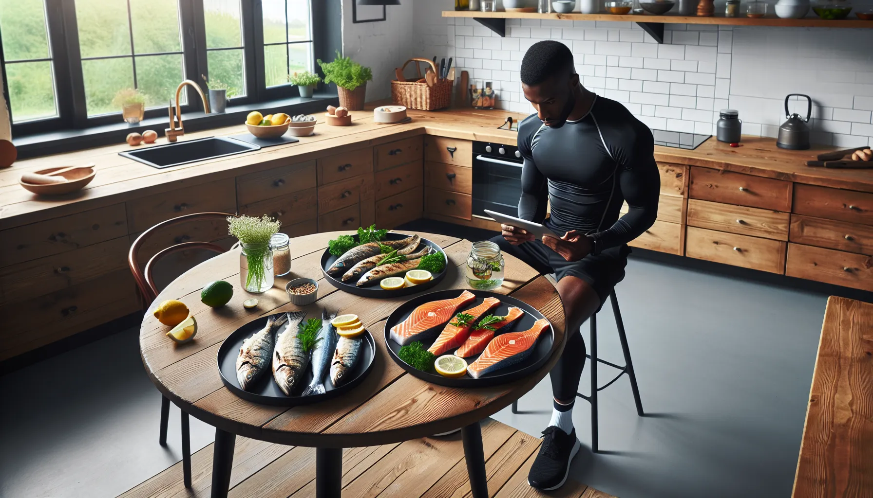 Grilled trout and salmon on a table with a fitness enthusiast analyzing nutrition.
