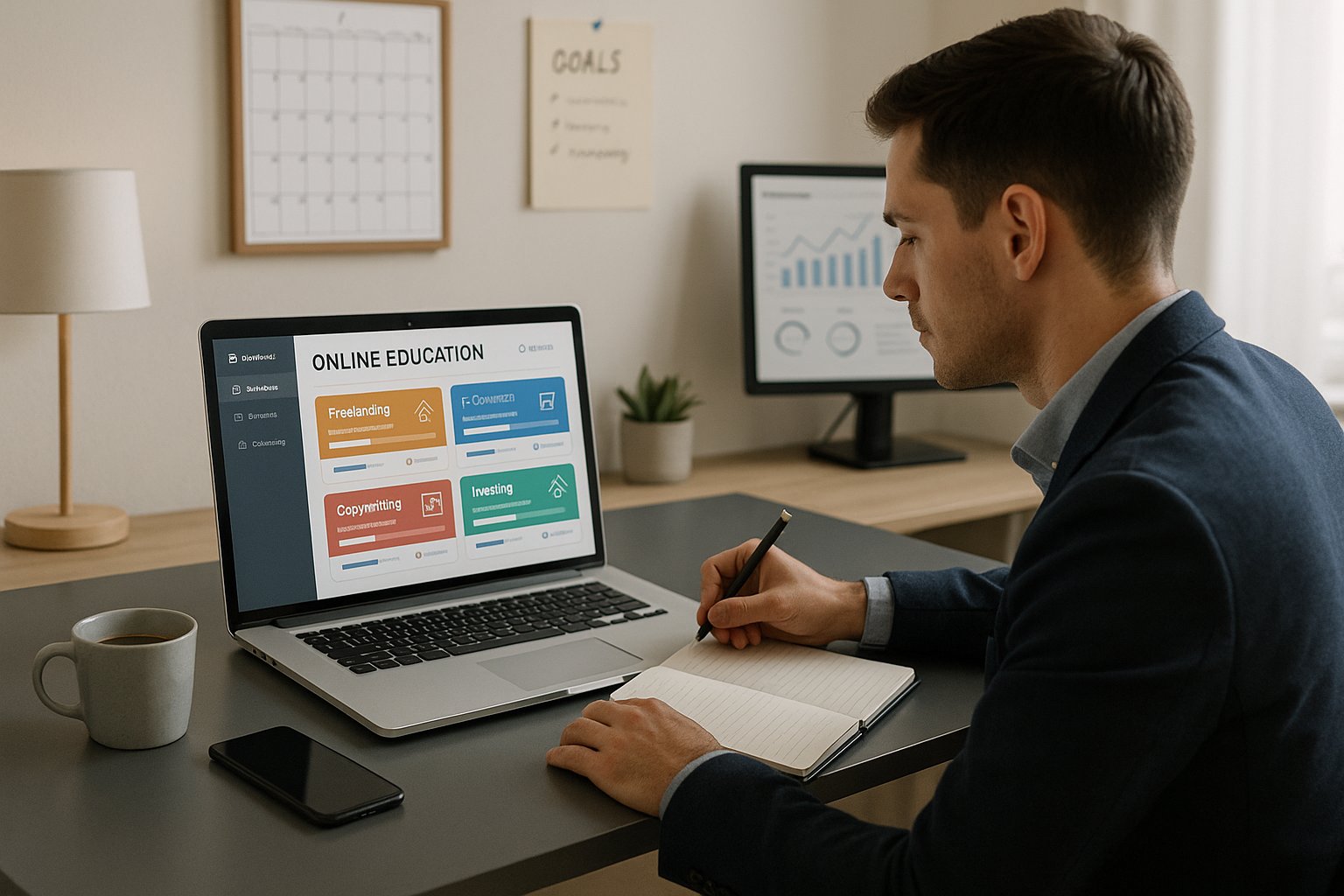 Professional working on an online business learning platform at a modern desk.