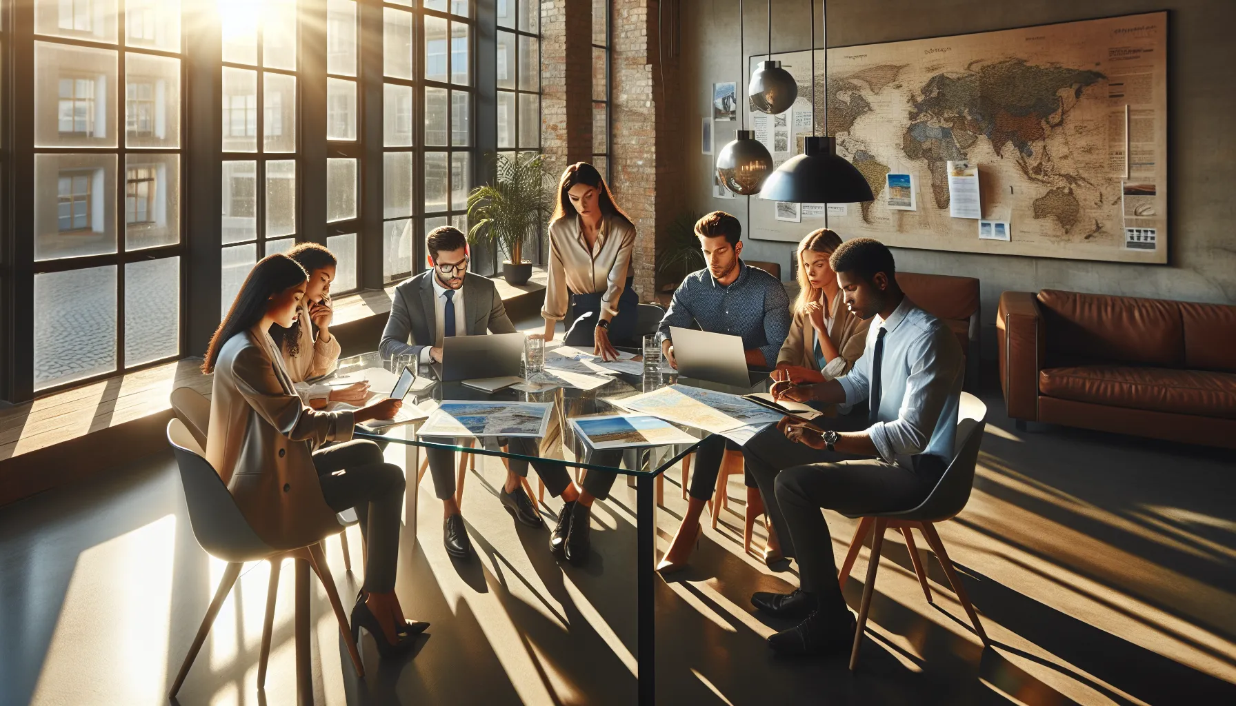 diverse team collaborating on travel bookings in a modern office.