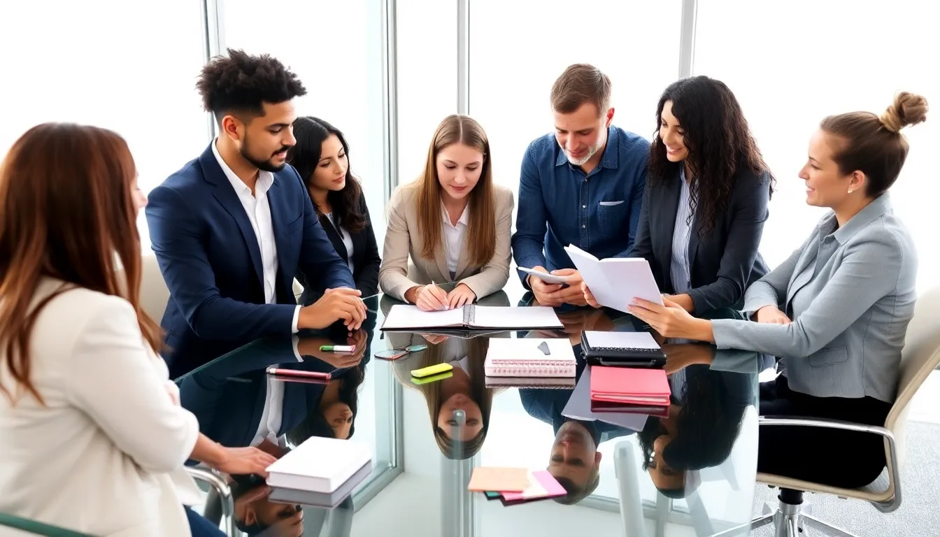 diverse team collaborating on productivity strategies in a modern office.