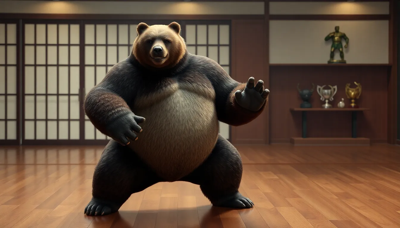 Kuma from Tekken 8 in a martial arts stance inside a dojo.