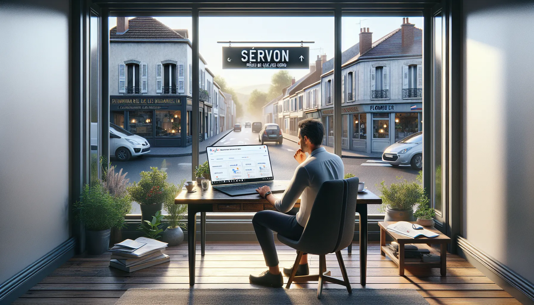 Small business owner in Servon studying local Google search results on a laptop.