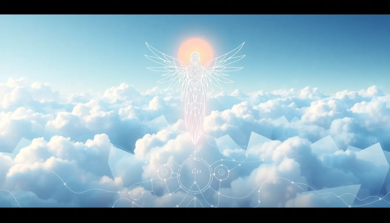Stylized angel figure in a vibrant digital landscape.