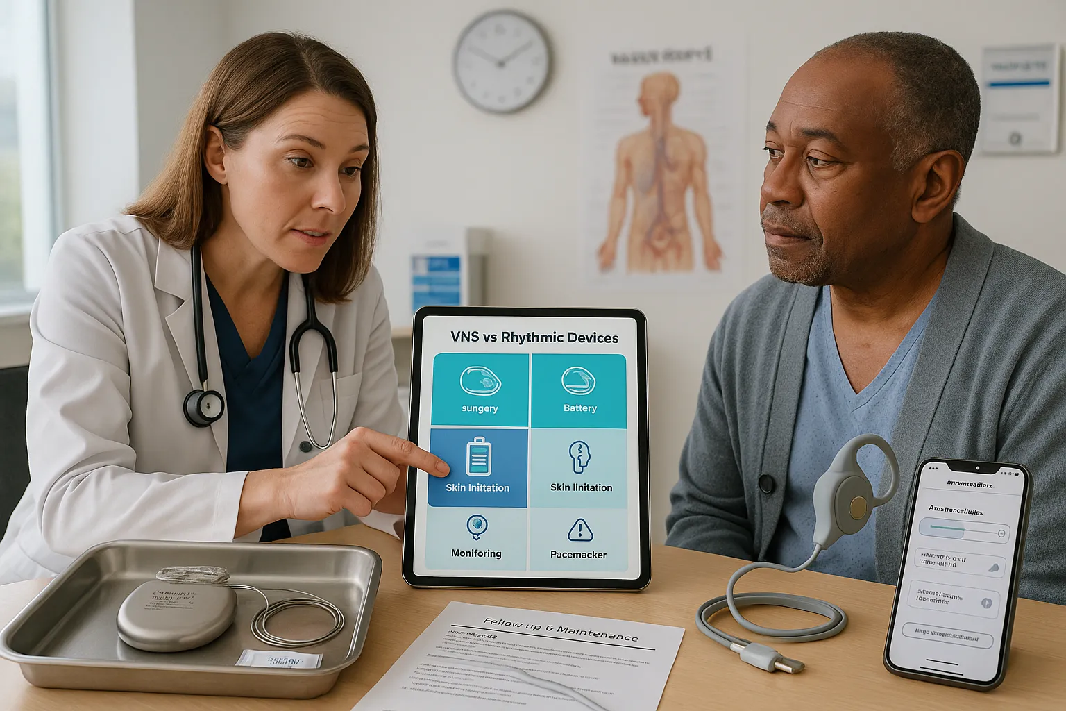 Neurologist explaining implantable VNS and a wearable taVNS device to patient
