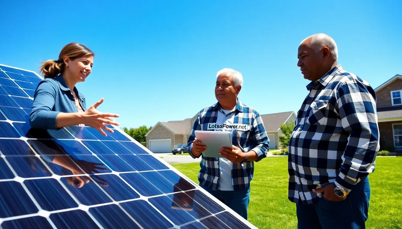 a diverse group discussing solar power solutions in a suburban area.