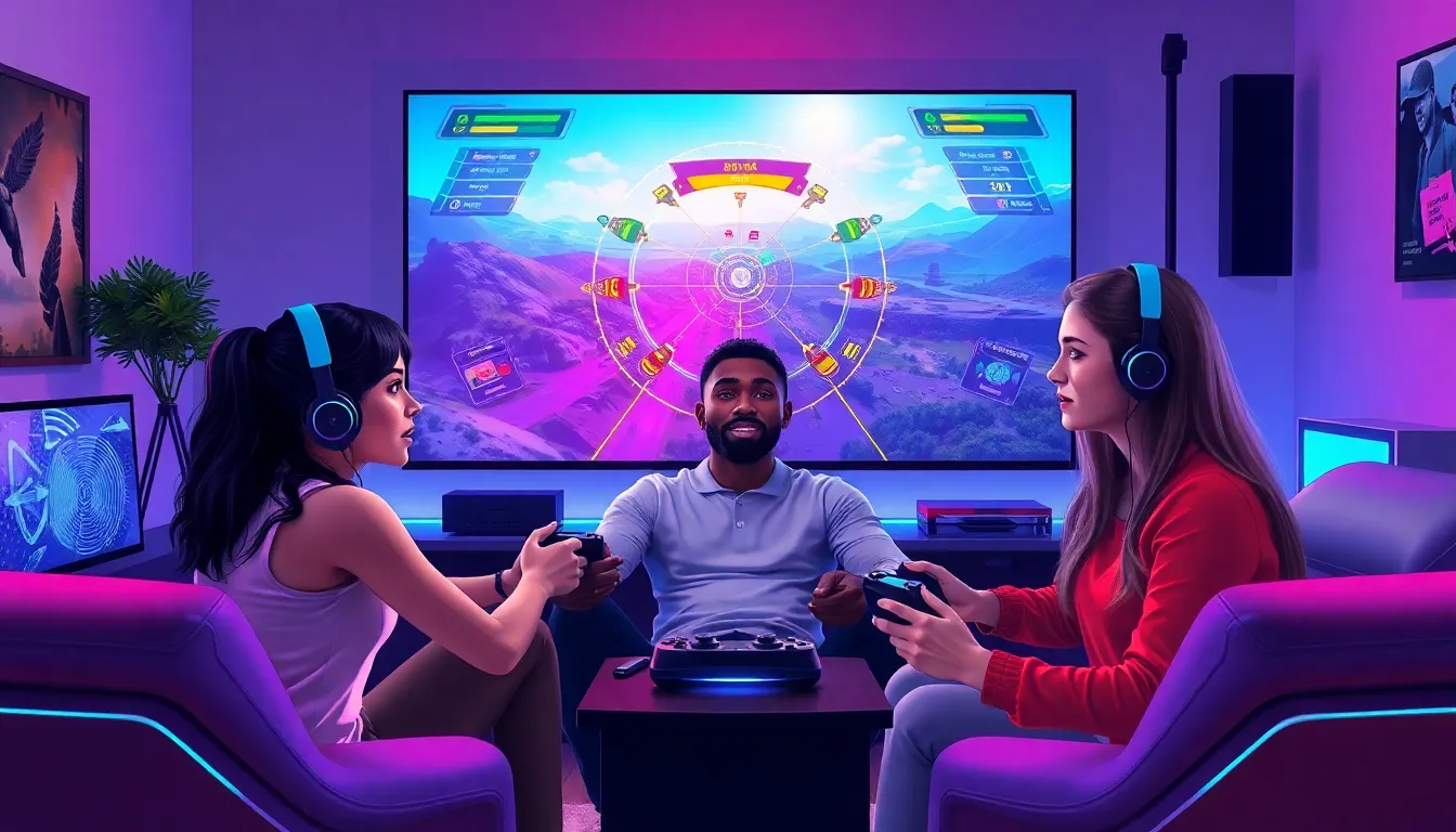 diverse group of gamers engaged in a radar game in a modern setup.