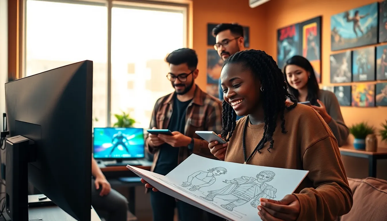 a diverse gaming studio team collaborating on game designs.