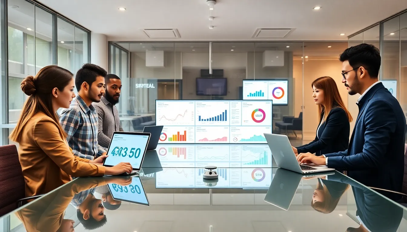 diverse team discussing software development in a modern office.