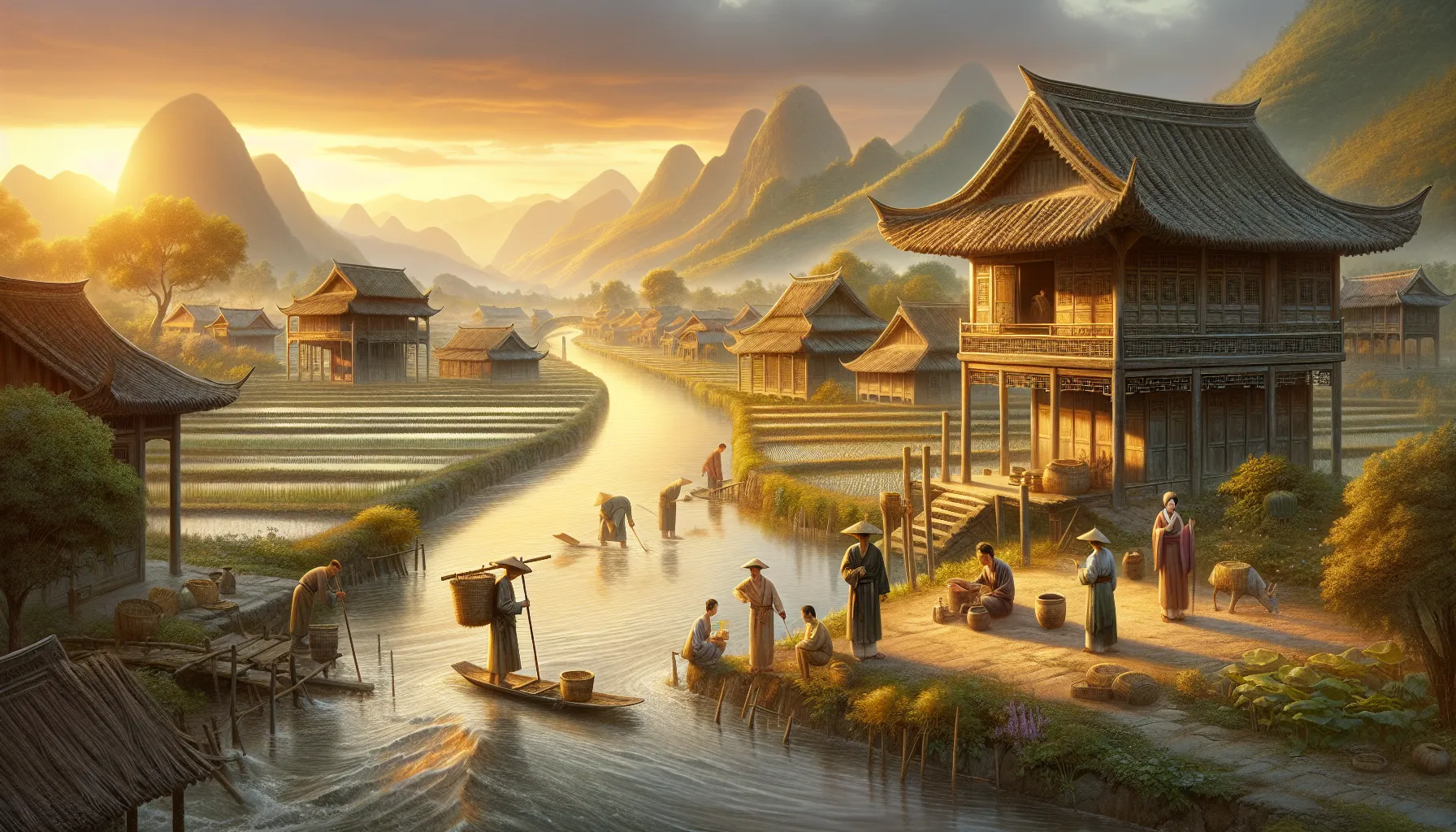A representation of early Chinese agricultural society along a river during ancient times.
