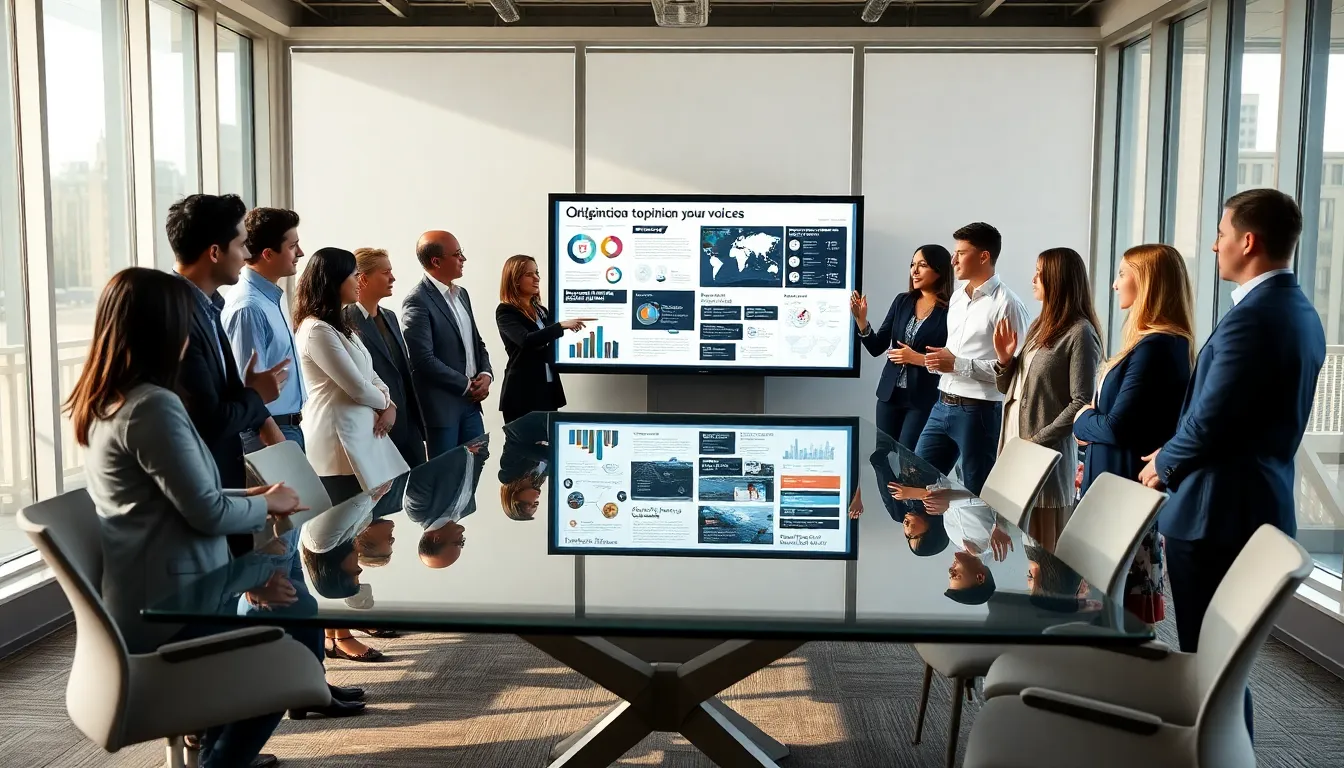 diverse professionals discussing opinion journalism in a modern office setting.