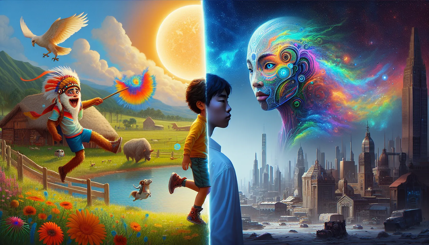 Split-screen showing Pokémon and Digimon characters in contrasting settings.