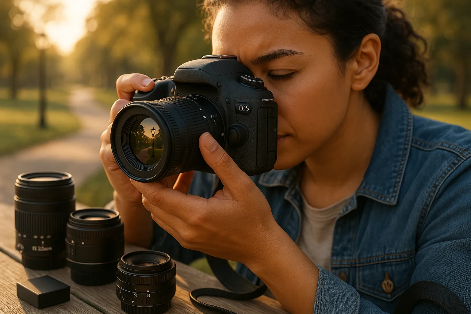 Beginner photographer using a DSLR, showing dials and multiple lenses on a table.