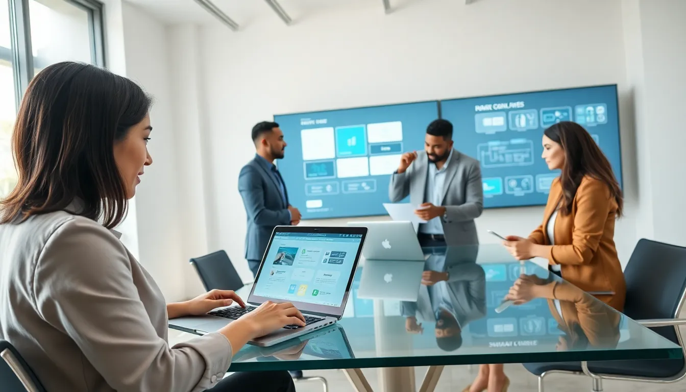 diverse team collaborating on a low-code project in a modern office.