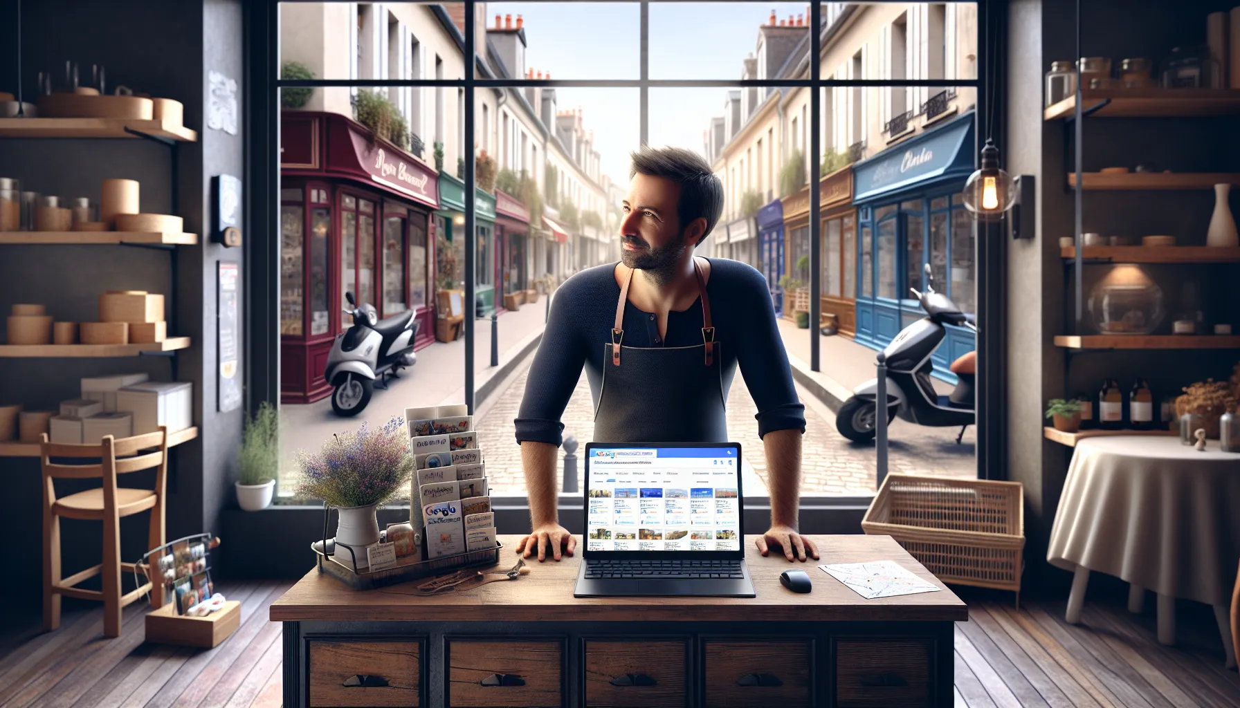 Local shop owner in Neuilly-Plaisance viewing strong Google search visibility on laptop.